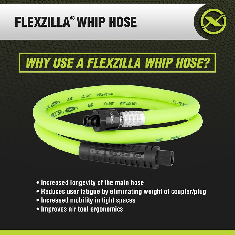 Flexzilla Swivel Whip Air Hose, 3/8 in. x 4 ft. (1/4" MNPT Ball Swivel x 1/4" FNPT Ends), Heavy Duty, Lightweight, Hybrid, ZillaGreen - HFZ3804YW2B - Image 3
